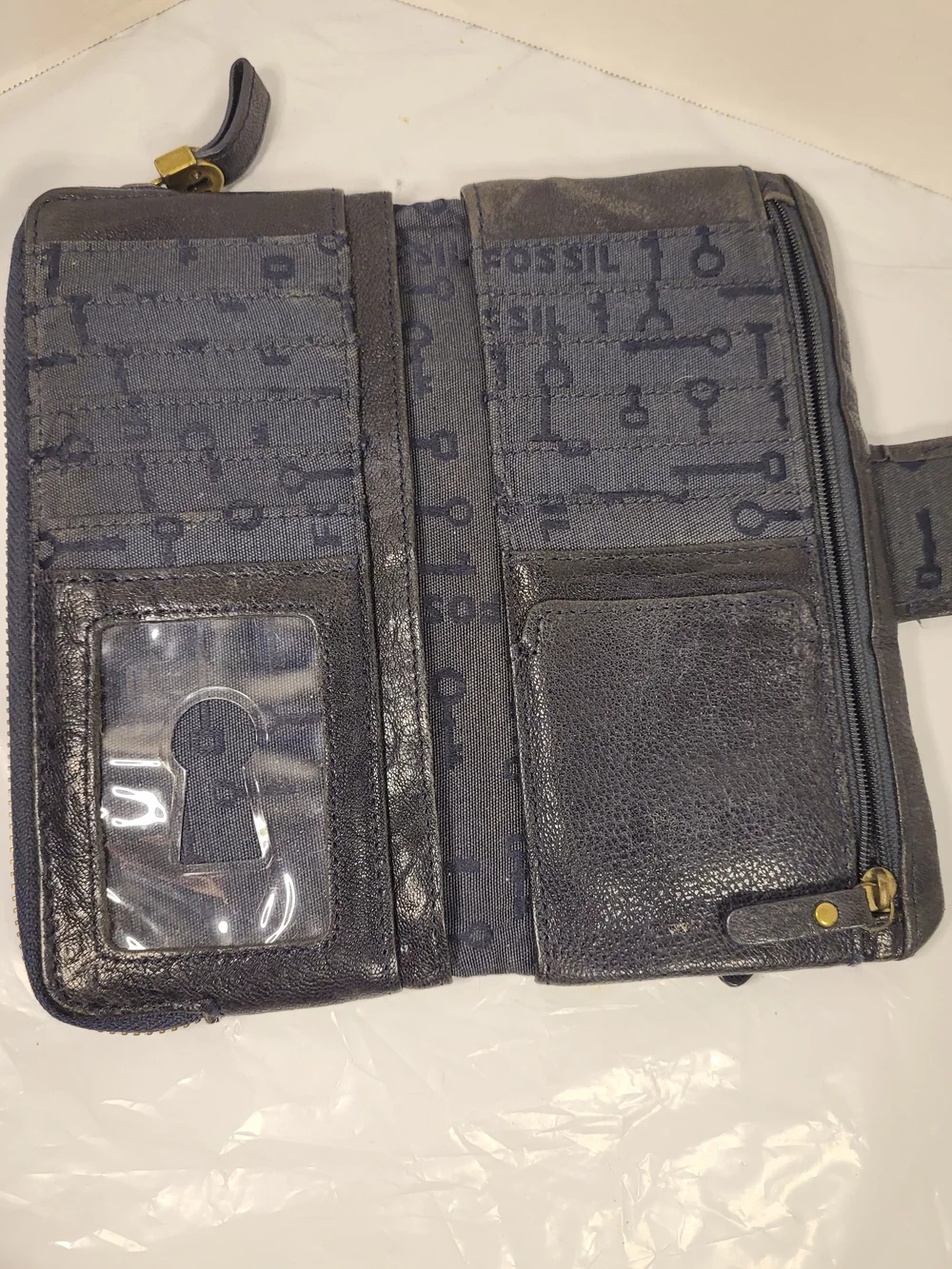 Fossil Navy Leather Wallet with Keyhole Plaque